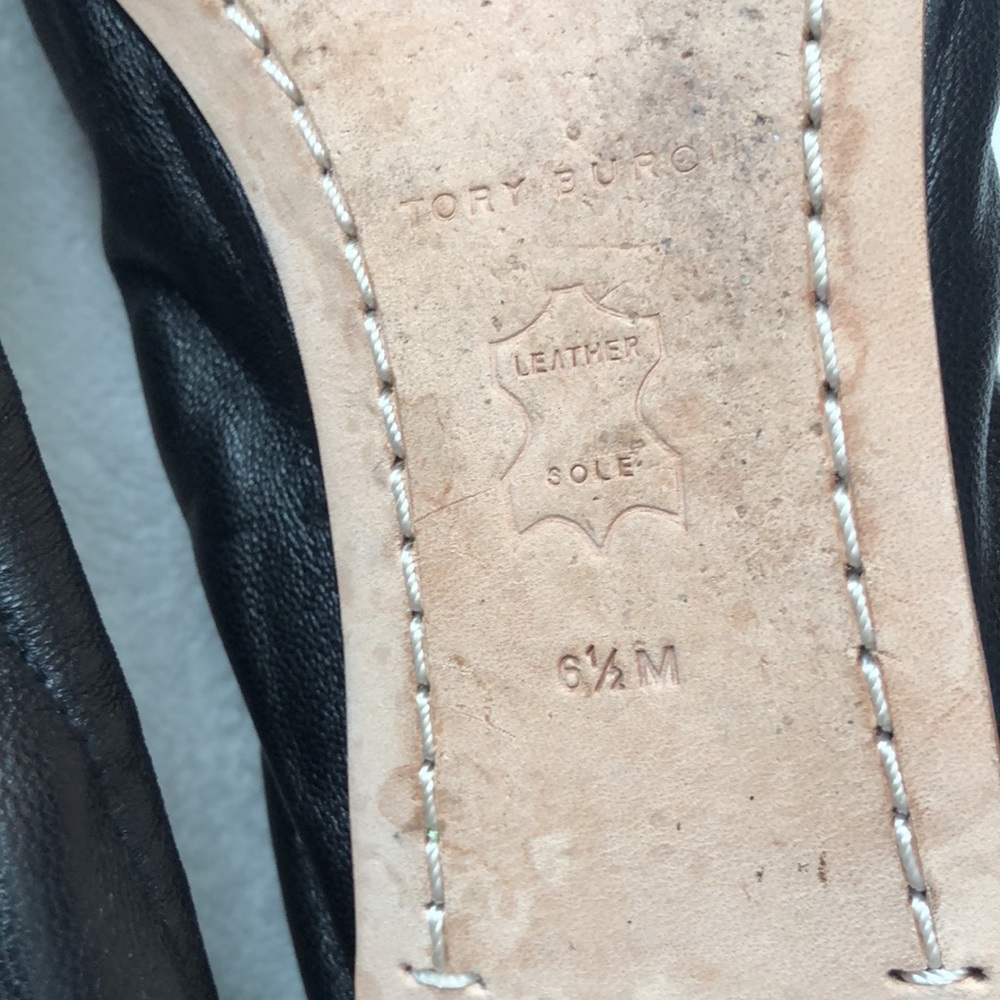 Tory Burch Black Leather Flats with Gold Logo Medallions - Picture 8 of 8